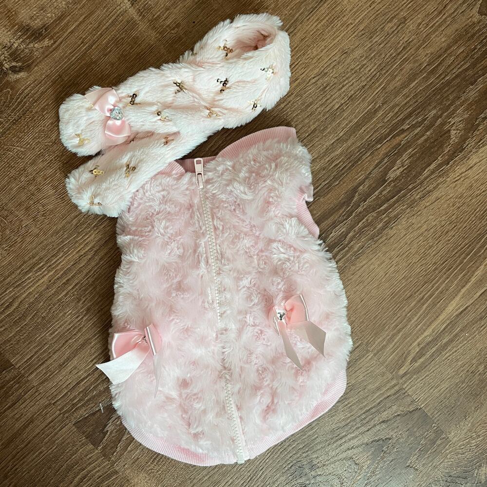 Smoothie Pooch Pink Faux Fur Zip Up Jacket With Scarf Size S